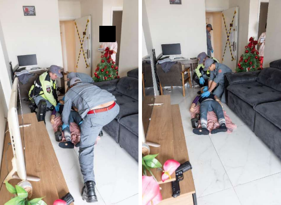 Simulação dos primeiros socorristas que entraram no apartamento. Foto: Arquivo Investigação Criminal