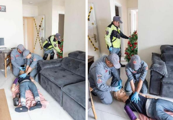Simulação dos primeiros socorristas que entraram no apartamento. Foto: Arquivo Investigação Criminal