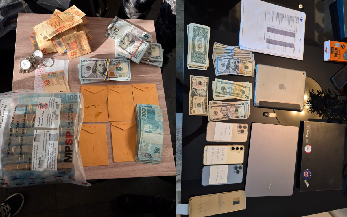 Apreensão de dinheiro em espécie e aparelho ligados aos alvos da Operação Fisco Paralela. Foto: Arquivo Investigação Criminal