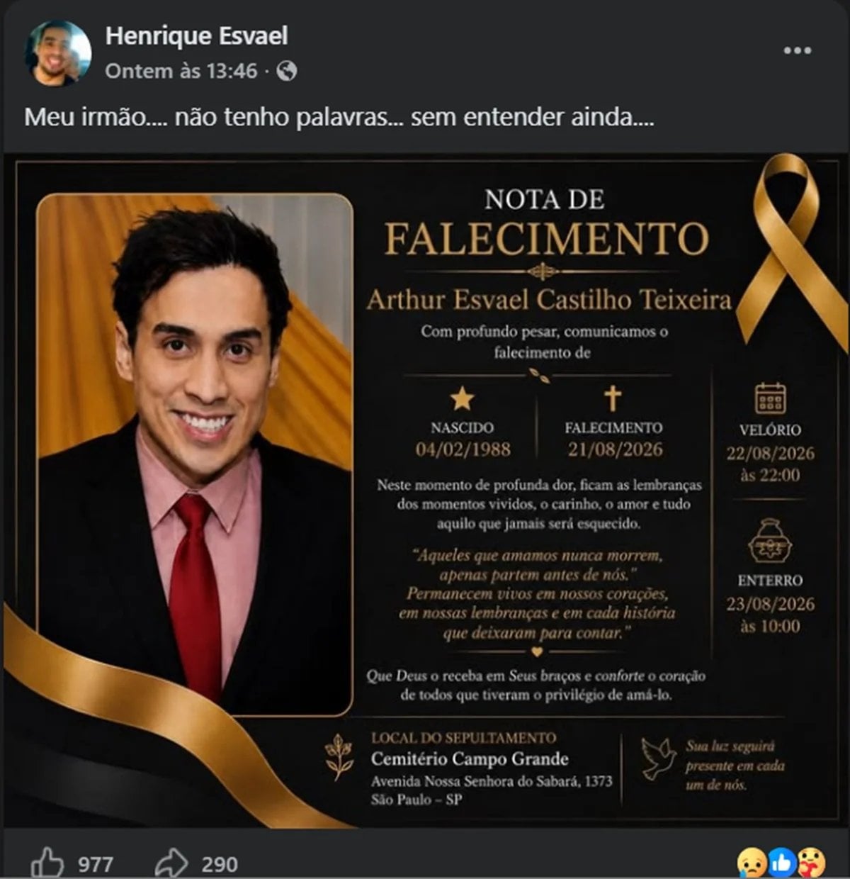 O influenciador Arthur Esvael morreu aos 38 anos.. Foto: Reprodução/Facebook