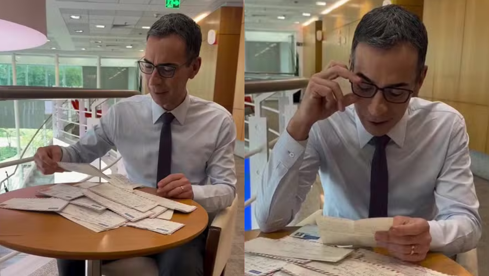 Cesar Tralli lendo cartas da mãe. Foto: Reprodução/ Instagram @cesartralli