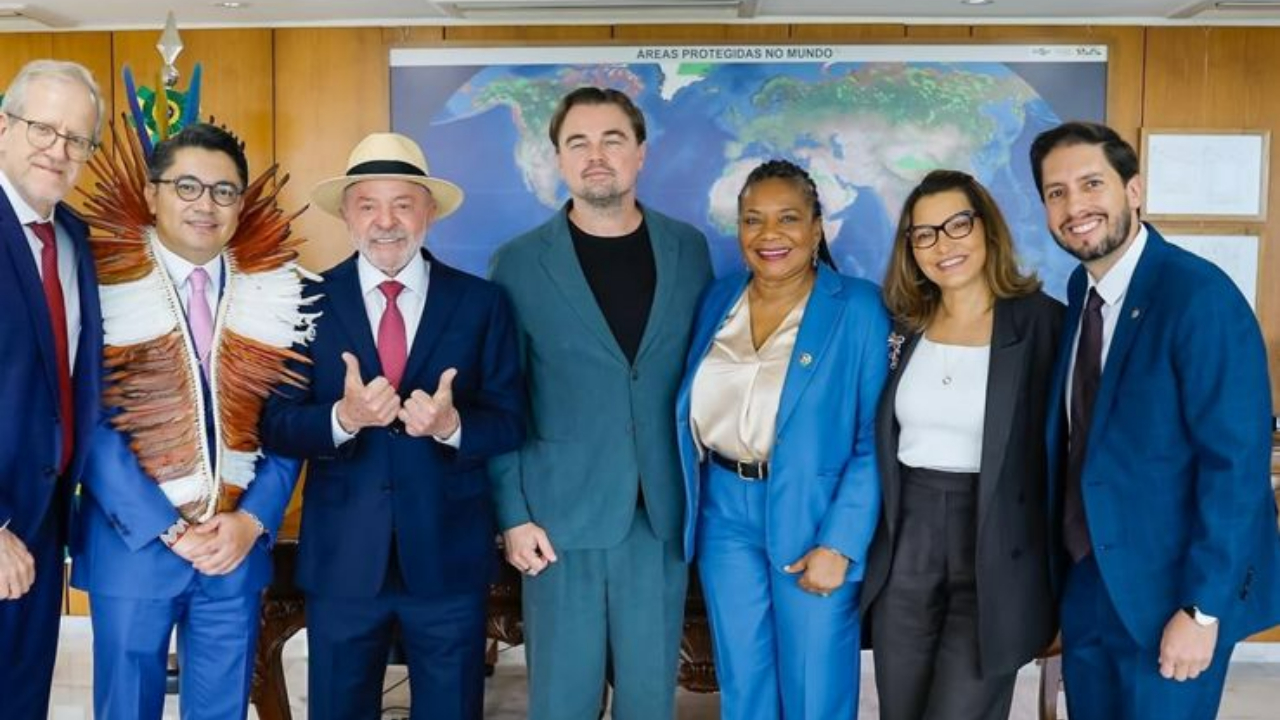 DiCaprio ao lado de Lula e Janja . Foto: Reprodução/Instagram