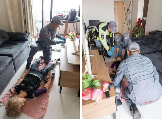 Simulação dos primeiros socorristas que entraram no apartamento. Foto: Arquivo Investigação Criminal