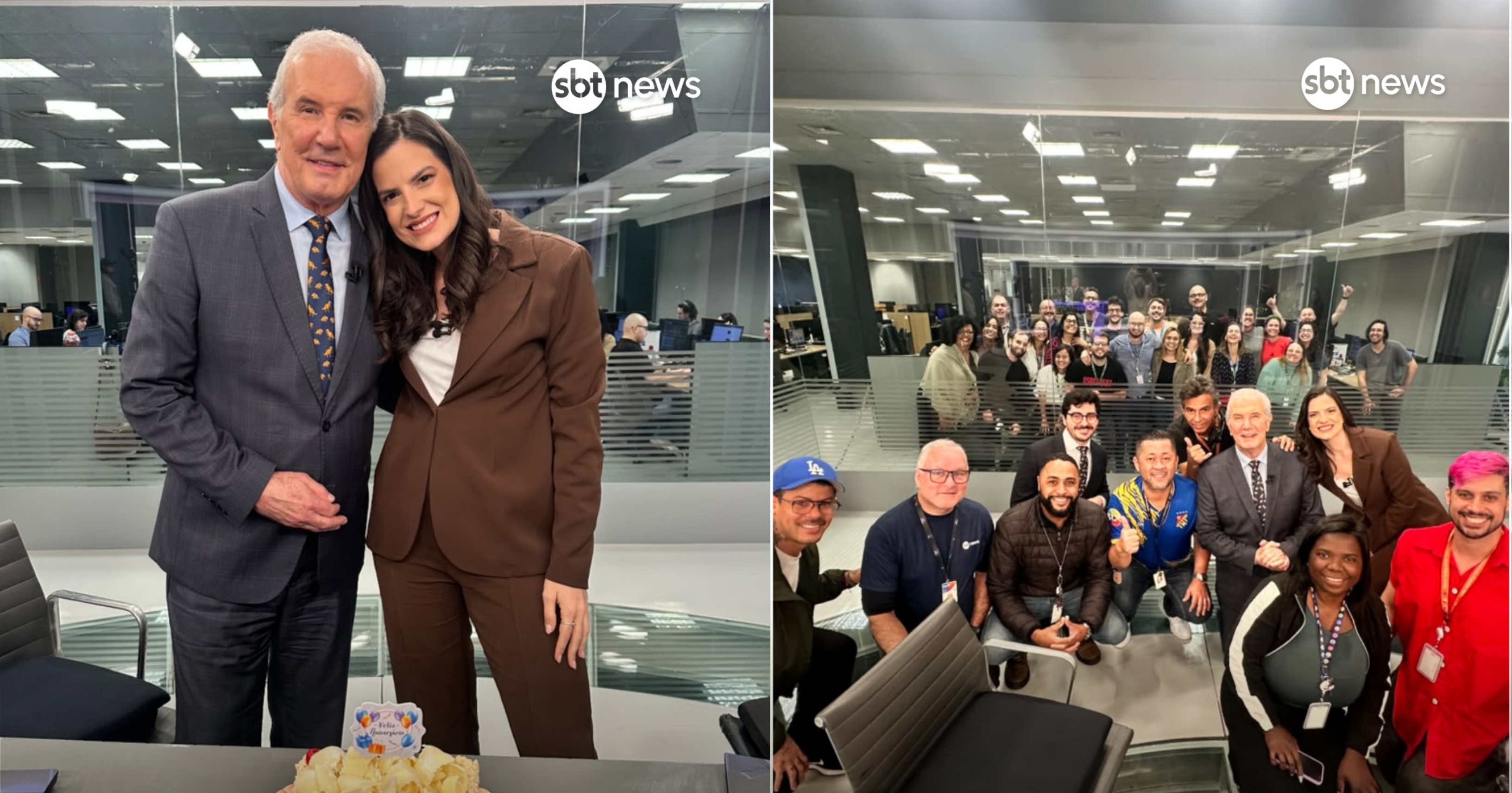 Celso Freitas, Marina Demori e toda a equipe de jornalistas após o jornal do SBT News. Foto: Reprodução das Redes Sociais