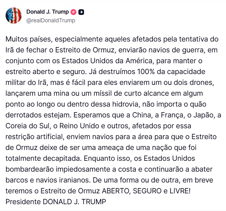 Trump espera ofensiva de outros países no Estreito de Ormuz Reprodução