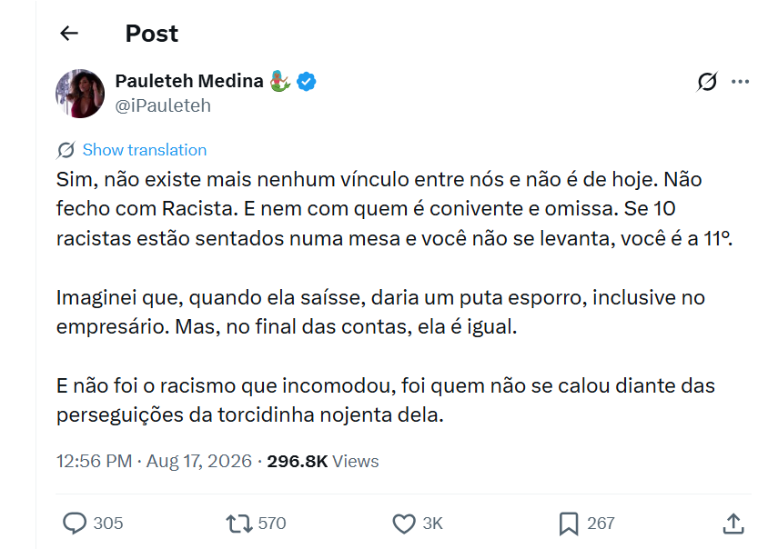 Pauleteh Medina detona Ana Paula Renault: "Não fecho com racista".. Foto: Reprodução/X/@iPauleteh