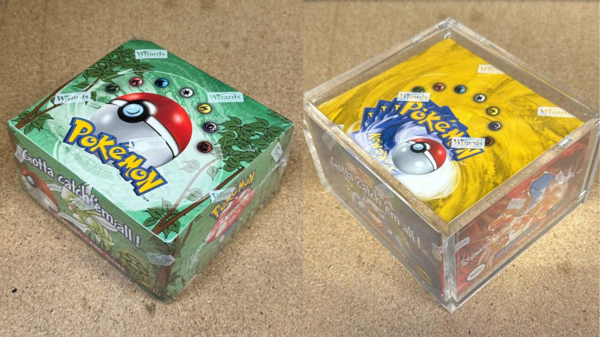 À esquerda, caixa lacrada Pokémon Jungle Unlimited com 36 pacotes; à direita, caixa selada do primeiro conjunto de Pokémon em inglês. Foto: Divulgação/Hansons Auctioneers